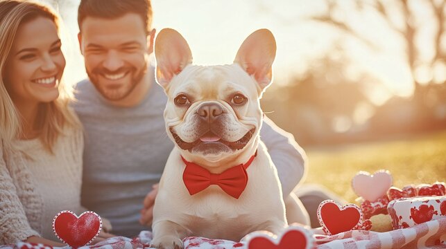 Happy Couple and French Bulldog Enjoying a Romantic Picnic in Afternoon Sun