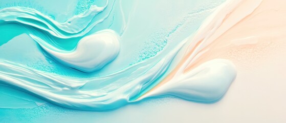 Abstract blue and white paint texture with fluid movement on a light background.