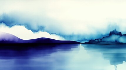 A serene landscape featuring rolling hills and tranquil waters with a blend of blue and purple hues.