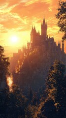 A majestic castle illuminated by a vibrant sunset, surrounded by lush trees, creating a magical and enchanting atmosphere.