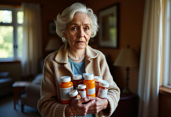 Elderly woman holding multiple prescription bottles, standing in a cozy home setting. Highlights the importance of healthcare and medication management for seniors in daily life.