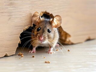 Curious Mouse Peeking Out from Hole in Wooden Wall Cautiously Surveying Room