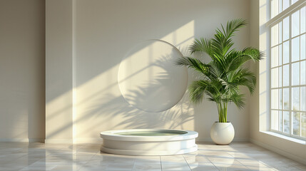 Minimalist Sunlit Room with Indoor Palm and Round Water Feature..