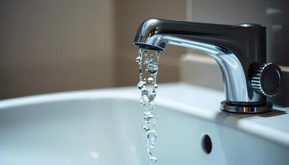 A close-up of a chrome faucet pouring water into a white porcelain sink