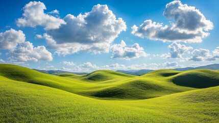 Obraz premium A serene landscape showcasing rolling green hills under a bright blue sky adorned with fluffy white clouds.