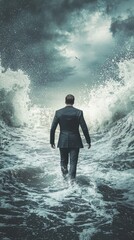 Fototapeta premium A man in a suit walks through turbulent ocean waves under a dramatic sky, symbolizing resilience and determination in adversity.