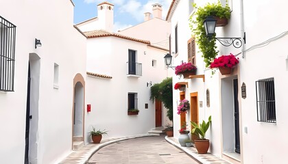 Fototapeta premium A narrow, cobblestone street lined with whitewashed buildings adorned with vibrant flower pots in a charming Mediterranean town