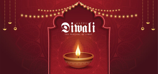 Happy Diwali Celebration Background. Diwali Festival Of Lights Banner with Diya Vector Illustration. Happy Diwali Social Media Post Template.