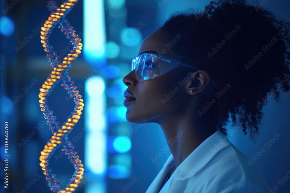 Aufkleber close-up shot of a scientist examining a single strand of dna, highlighting attention to detail and 