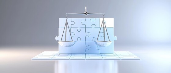 Scales of justice balancing on a puzzle backdrop, minimalist style, white isolated background.