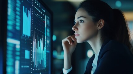 A professional woman, focused, analyzing a bar graph on a computer screen, deep in thought as data trends reveal key insights for decision-making