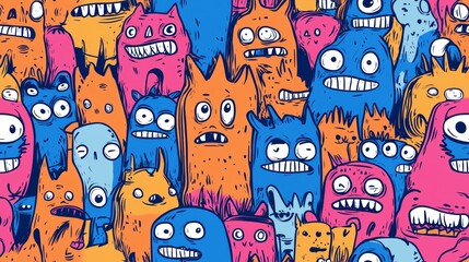 Obraz premium Colorful Monster Doodles Seamless Pattern - Fun and Whimsical Cartoon Creatures in Vibrant Colors for Kids' Designs and Creative Projects