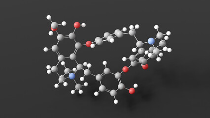 tubocurarine molecule 3d, molecular structure, ball and stick model, structural chemical formula benzylisoquinoline alkaloid