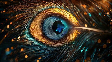 Obraz premium Peacock Feather Closeup Blue Eye Pattern Golden Hues Macro Photography