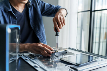 Technician repairing Computer pc, Hardware maintenance Engineering
