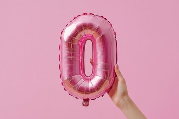 A person holds a pink balloon in the shape of the number zero.