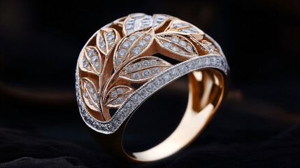 Naklejka premium Elegant gold ring with intricate leaf design set with small, sparkling diamonds against a dark background.
