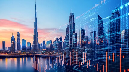 Dubai Skyline with Digital Financial Data and Charts