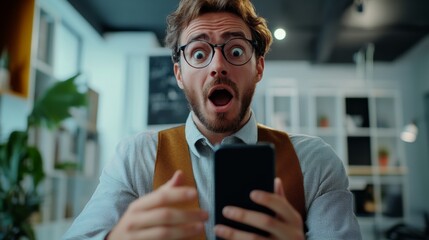 Surprised Young Businessman with Glasses Looking at Smartphone with Shocked Expression in Modern Office