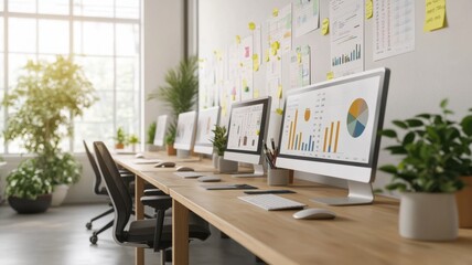 A modern workspace featuring multiple computers, vibrant plants, and organized charts, perfect for productivity and creativity.
