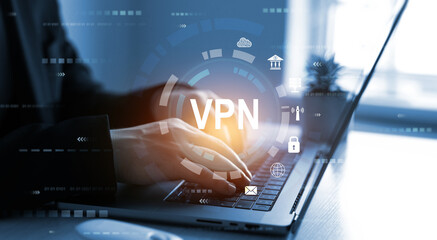 Naklejka premium VPN(Virtual Private Network) secure connection.Remote server private internet network to protect privacy personal data.Digital connection between computer and a remote server owned VPN provider.