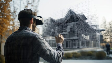 Virtual reality architect designing a modern building in an outdoor setting