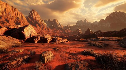 A stunning view of a red mountain range at sunset, with intricate rock textures and dramatic light casting shadows.