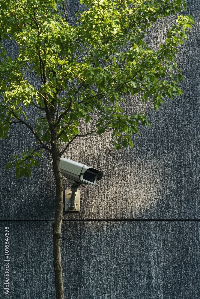 Poster a camera mounted to the side of a building, next to a tree.