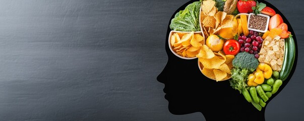 A creative depiction of a brain filled with healthy foods, symbolizing the connection between nutrition and mental health.