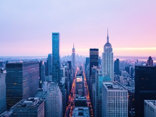 Fototapeta premium Stunning city skyline at dusk with towering buildings and a vibrant sunset glow illuminating the urban landscape.