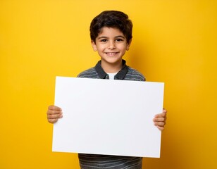 Child holding a White Sign on a flat Yellow Background, perfect for messages, announcements, and creative expressions - Generative AI