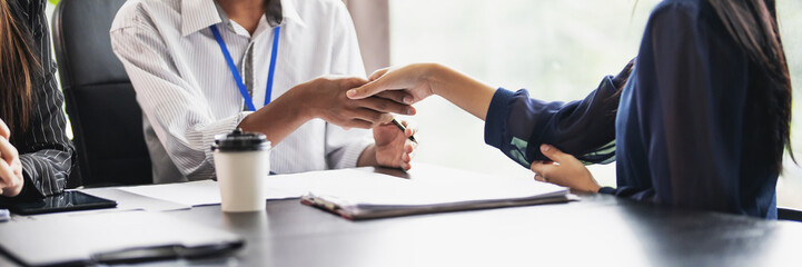 Job applicant handshake with recruiter employer after successful negotiations or interview