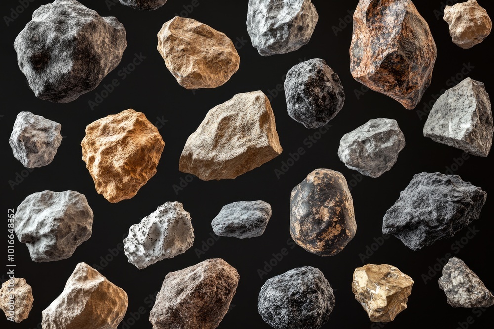 Poster a close-up shot of a collection of rocks on a dark, smooth surface.
