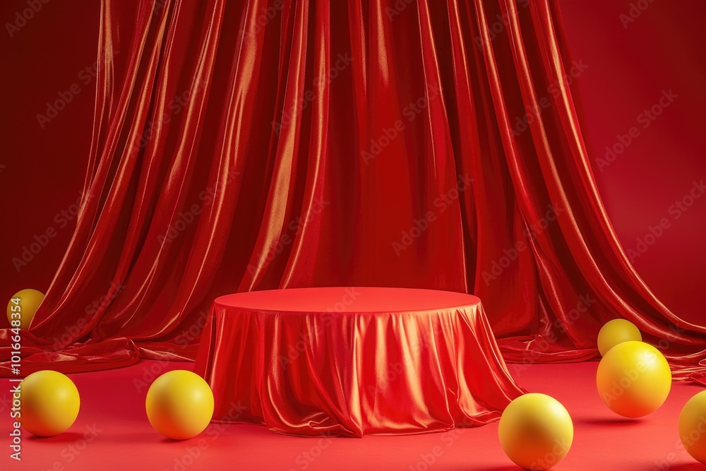 Poster a table set with a red cloth and yellow balls, suitable for party decorations or event planning.