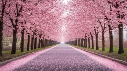 Naklejka premium Enchanting cherry blossom avenue with pink trees lining a serene path, inviting tranquility and beauty in springtime.