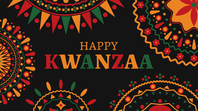 Happy kwanzaa banner with abstract ornament celebrating annual holiday. Vector illustration.
