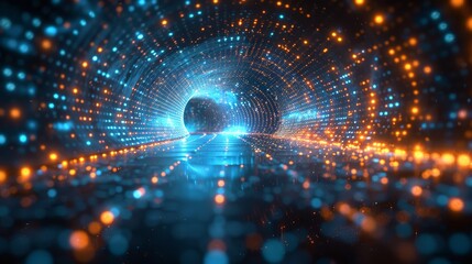 Obraz premium Futuristic Digital Tunnel with Glowing Blue and Orange Lights - High-Tech Sci-Fi Background