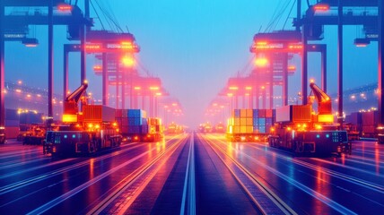 Fototapeta premium Vibrant night scene at a shipping yard showcasing illuminated cranes and containers, emphasizing logistics and industry.