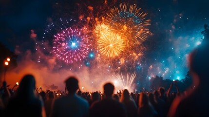 Dazzling fireworks with vibrant colors and twinkling lights burst across the night sky creating a mesmerizing display for an excited crowd celebrating the New Year festival