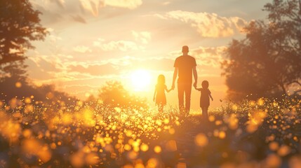 Fototapeta premium Joyful Family Travel Adventure at Sunset - Parents and Children Enjoying Nature and Creating Happy Memories Together