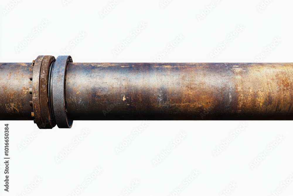 Poster a close-up view of a metal pipe on a plain white background.
