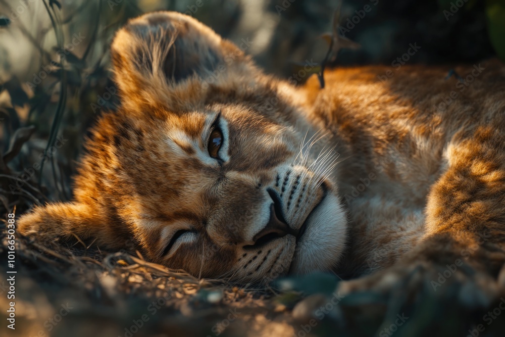 Aufkleber A lion resting on the ground, one informative phrase about what pictured on image and a one phrase with a short advice of where may be used this picture.