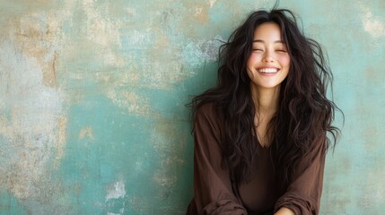 Fototapeta premium A joyful woman with wavy hair smiles widely, tilting her head slightly against a rustic blue-green wall, exuding happiness and relaxed confidence.