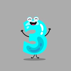 
Cartoon math number three 3, cute funny character for kids mathematics or birthday, vector icon. Happy smiling three 3 number with face for algebra education or arithmetic emoticon and numeric emoji