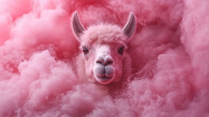 A llama with gentle eyes peeks out, nestled in vibrant pink clouds, emphasizing dreamy fantasy elements with a playful and enchanting atmosphere.