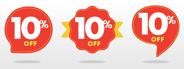 10% off. Special offer marketing, tag, sticker, ads, social media. Promo poster, percentage, value, price. Red, yellow sign. Shop, sales, retail, store. Set, vector, icon