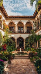 A serene courtyard featuring vibrant plants, a fountain, and classic architecture under a bright blue sky.