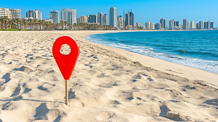 A red pin point on beach's sand in s sunny day of summer. Concept of tropical trave destination.