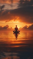 Fototapeta premium A serene figure meditates on calm waters at sunset, reflecting peaceful energies amidst stunning clouds and colors.