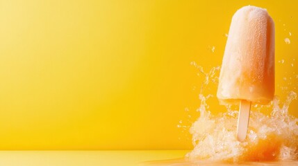 A vibrant orange popsicle creating a splash effect against a yellow backdrop, embodying refreshing summer vibes and allure. Perfect for food and summer themes.
